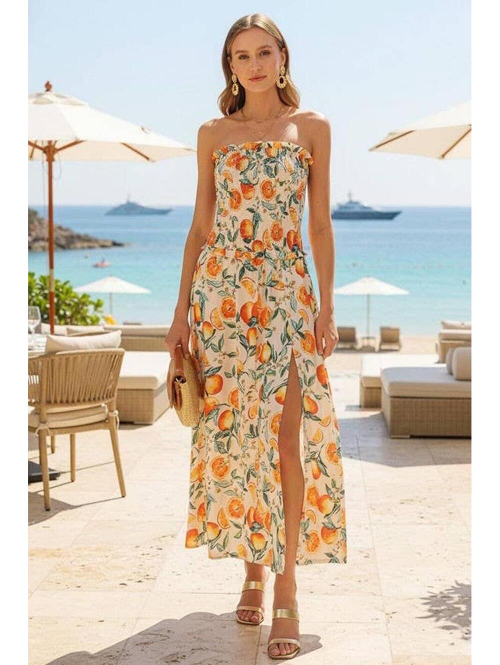 Timing Orange Citrus Print Strapless Maxi Dress Sizes S/M/L
